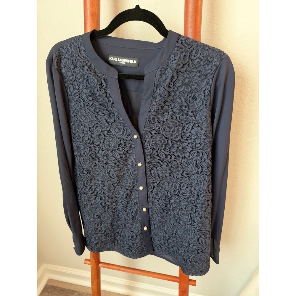 Karl Lagerfeld Paris Navy Blue Lace Front Long Sleeve Blouse Pearl Buttons